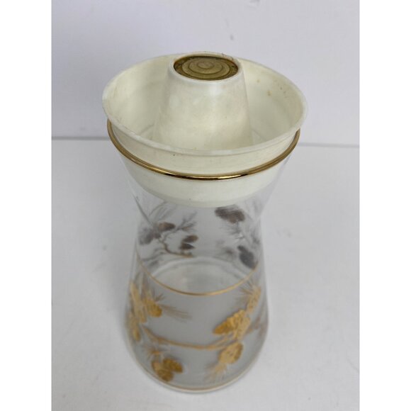 Vintage 8" MCM Frosted Gold Pinecone Glass Carafe Pitcher Barware Lid - Picture 2 of 8